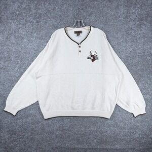 Cedar Falls Henley Sweater Mens 2XL White Cotton Deer Embroidery Ribbed Trim